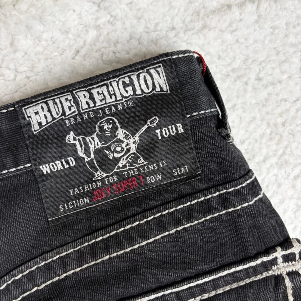 True Religion Joey Super T Black Jeans White Contrast Stitch Straight Leg 32
